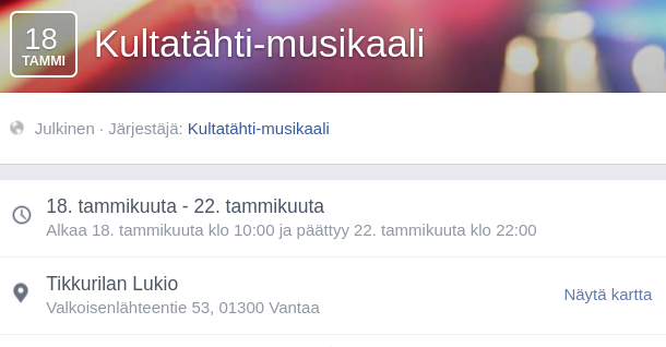 Kultatähti-musikaalin tapahtumailmoitus Facebook-palvelussa