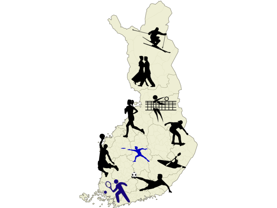 Suomen kartta johon aseteltu eri liikuntalajien symboleja
